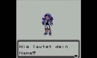 Weibliche Spielfigur in Weiß fragt „Wie lautet dein Name?" – Namenseingabe-Bildschirm