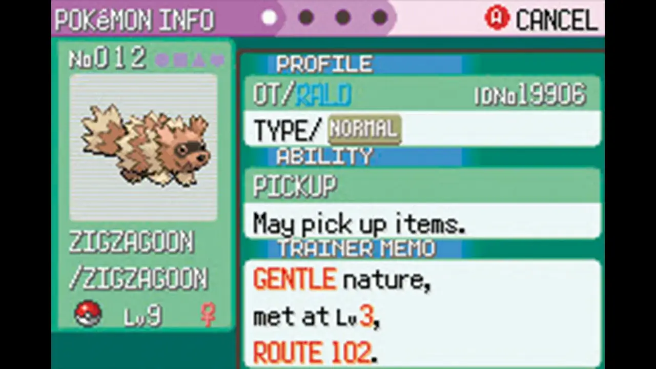 Pokémon Rubin/Saphir: Infoseite von Zigzagoon (Lv. 9, Normal-Typ, Fähigkeit Aufsammeln, Route 102).