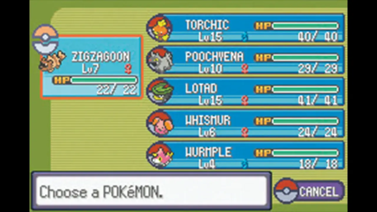 Pokémon Rubin/Saphir: Teamauswahl mit Torchic, Poochyena, Lotad, Whismur und Wurmple. Zigzagoon gewählt.