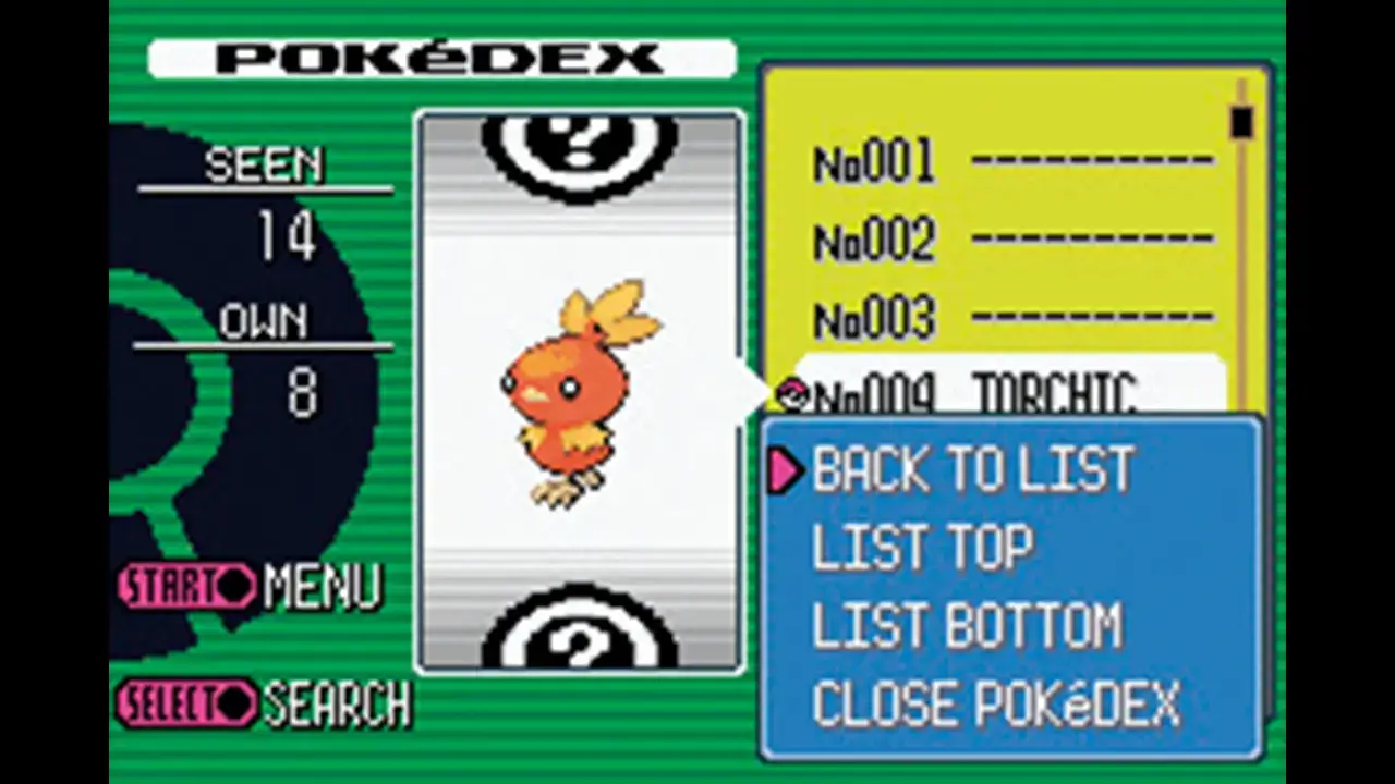 Pokémon Rubin/Saphir: Pokédex-Ansicht mit Flemmli (Nr. 004), 14 gesehen, 8 besessen, Navigationsmenü offen.