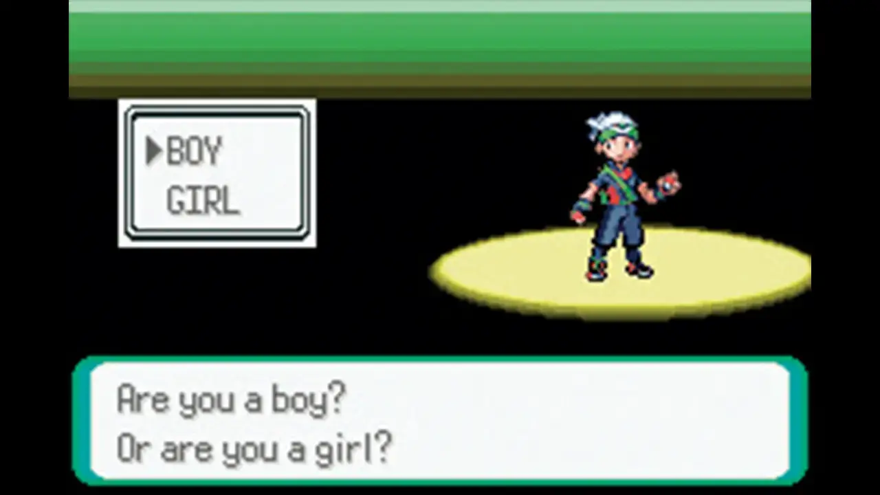 Pokémon Rubin/Saphir: Charakterauswahl zu Spielbeginn – Auswahlmenü „Boy/Girl" mit männlichem Trainer.