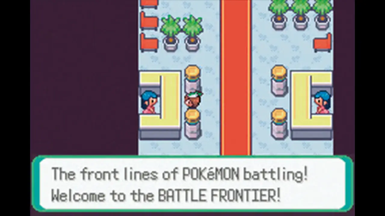 Pokémon Rubin/Saphir: Innenbereich der Battle Frontier mit Dialogtext „Welcome to the BATTLE FRONTIER!".