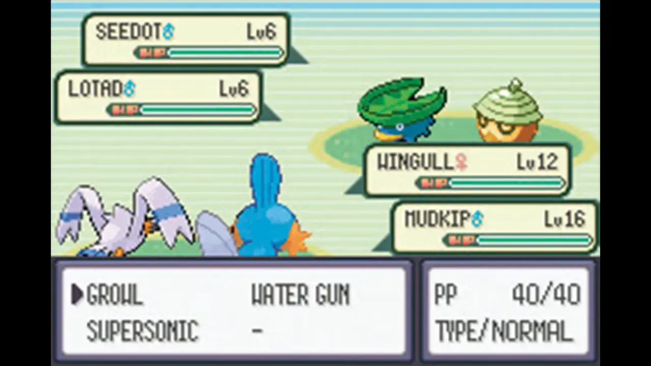 Pokémon Rubin/Saphir: Doppelkampf – Lotad & Seedot vs. Wingull & Mudkip, Attackenauswahl Growl aktiv.