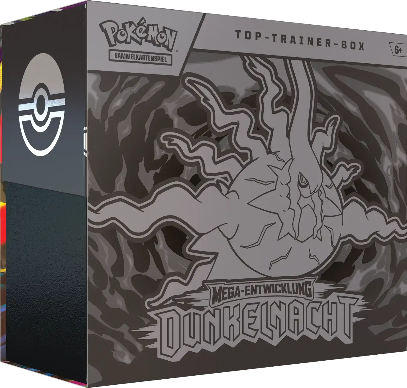 Pokémon TCG Top-Trainer-Box Mega-Entwicklung Dunkelnacht in Grau mit Darkrai-Illustration auf der Front.