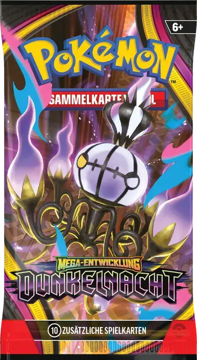 Pokémon TCG Boosterpack Mega-Entwicklung Dunkelnacht mit Mega-Skelabra-ex auf lila-goldenem Hintergrund.