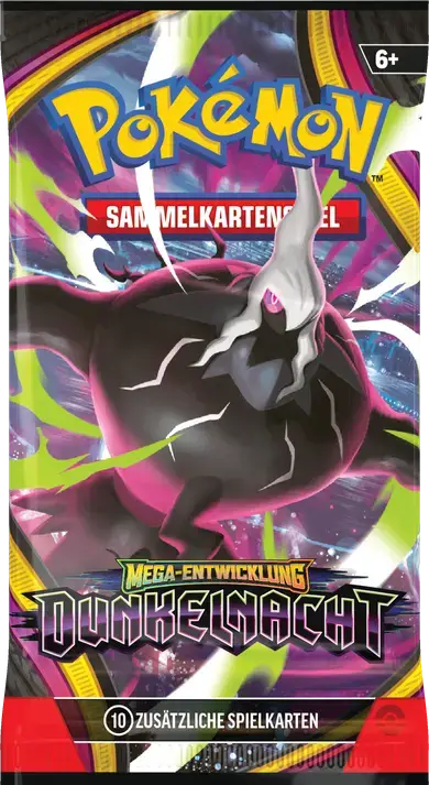 Pokémon TCG Boosterpack Mega-Entwicklung Dunkelnacht mit Mega-Darkrai-ex auf schwarz-grünem Hintergrund.