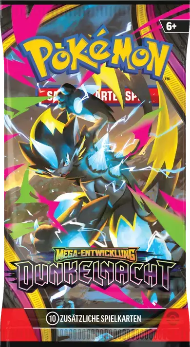 Pokémon TCG Boosterpack Mega-Entwicklung Dunkelnacht mit Mega-Zeraora-ex auf pink-grünem Hintergrund.