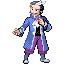 juan Pixelgrafik eines Pokémon-Trainers in lila Outfit mit weißen Haaren aus Pokémon Smaragd Edition.