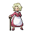 agatha Ältere Frau in rotem viktorianischen Kleid mit weißer Schürze und blonden Haaren.