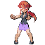 lorelei Junge Frau mit roten Zöpfen in blauem Minirock und weißem Top, tanzende Pose.