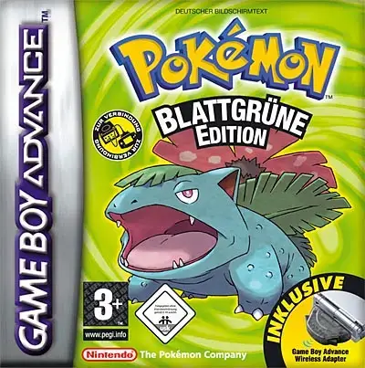 GBA-Spielhülle: Pokémon Blattgrüne Edition mit Bisaflor auf grünem Hintergrund, inkl. Wireless Adapter.