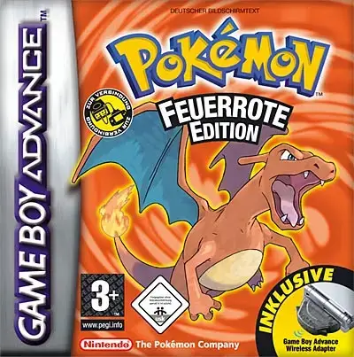 GBA-Spielhülle: Pokémon Feuerrote Edition mit Glurak auf orangem Hintergrund, inkl. Wireless Adapter.