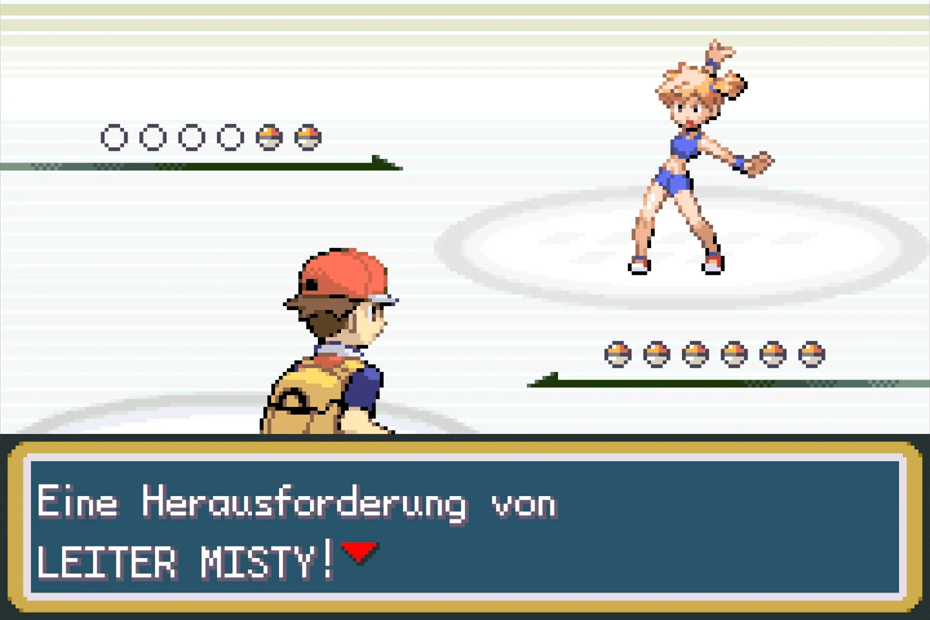 Pokémon-Kampfszene: Spieler trifft auf Arenaleiterin Misty. Beide Trainer stehen sich mit Pokébällen gegenüber.