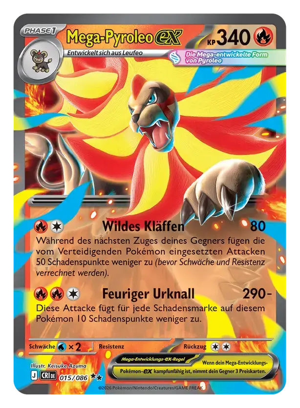 Pokémon TCG Karte Mega-Pyroleo-ex, 340 KP, Feuer-Typ, Attacken Wildes Kläffen und Feuriger Urknall, Kartennummer 015/086.