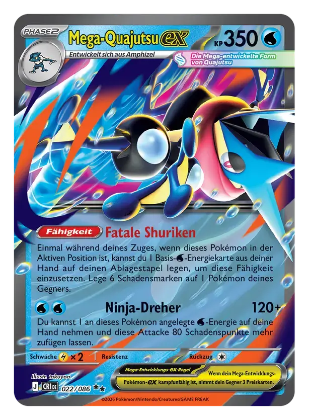 Pokémon TCG Karte Mega-Quajutsu-ex, 350 KP, Wasser-Typ, Fähigkeit Fatale Shuriken und Attacke Ninja-Dreher, Kartennummer 022/086.