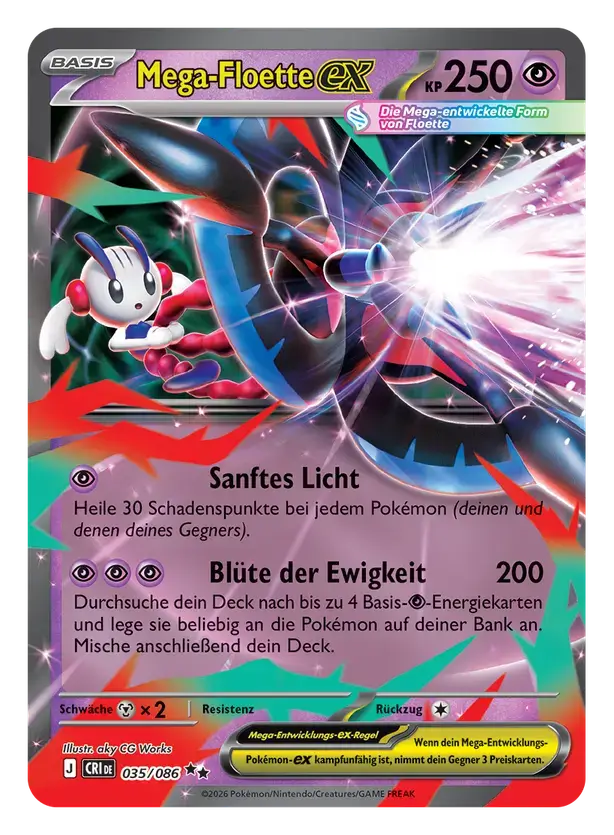 Pokémon TCG Karte Mega-Floette-ex, 250 KP, Psycho-Typ, Attacken Sanftes Licht und Blüte der Ewigkeit, Kartennummer 035/086.