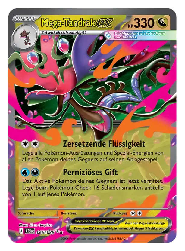 Pokémon TCG Karte Mega-Tandrak-ex, 330 KP, Unlicht-Typ, Attacken Zersetzende Flüssigkeit und Perniziöses Gift, Kartennummer 065/086.