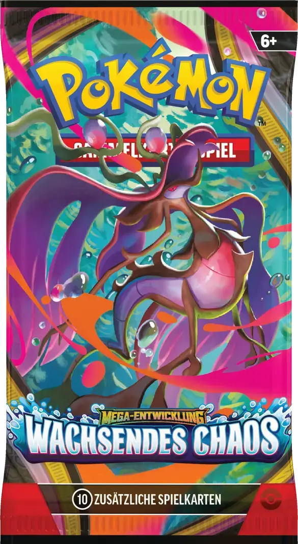 Pokémon TCG Boosterpack Mega-Entwicklung Wachsendes Chaos mit Mega-Tandrak-ex auf lila-pinkem Hintergrund.