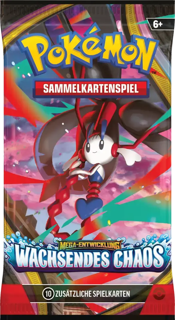 Pokémon TCG Boosterpack Mega-Entwicklung Wachsendes Chaos mit Mega-Floette-ex auf schwarz-rotem Hintergrund.
