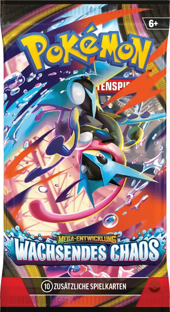 Pokémon TCG Boosterpack Mega-Entwicklung Wachsendes Chaos mit Mega-Quajutsu-ex auf blau-orangem Hintergrund.