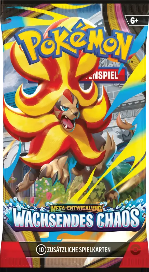 Pokémon TCG Boosterpack Mega-Entwicklung Wachsendes Chaos mit Mega-Pyroleo-ex auf rot-gelbem Hintergrund.