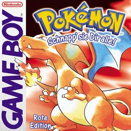 Game Boy Spielhülle: Pokémon Rote Edition mit Glurak auf rotem Hintergrund.