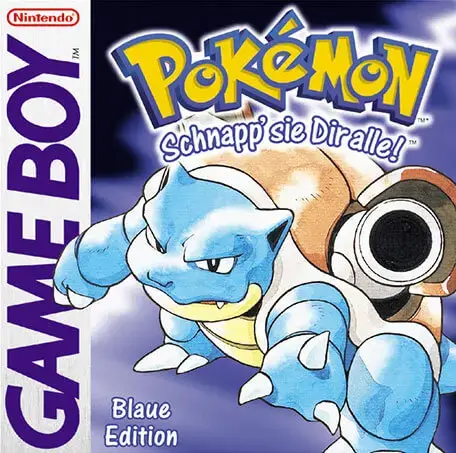 Game Boy Spielhülle: Pokémon Blaue Edition mit Turtok auf blauem Hintergrund.