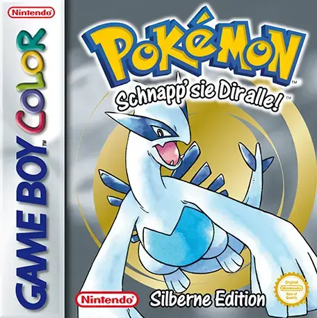 Game Boy Color Spielhülle: Pokémon Silberne Edition mit Lugia auf silbernem Hintergrund.