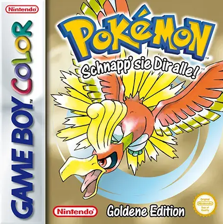 Game Boy Color Spielhülle: Pokémon Goldene Edition mit Ho-oh auf goldenem Hintergrund.