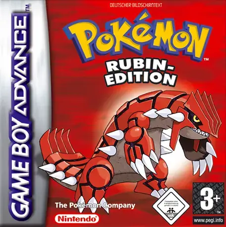 Game Boy Advance Spielhülle: Pokémon Rubin Edition mit Groudon auf rotem Hintergrund.
