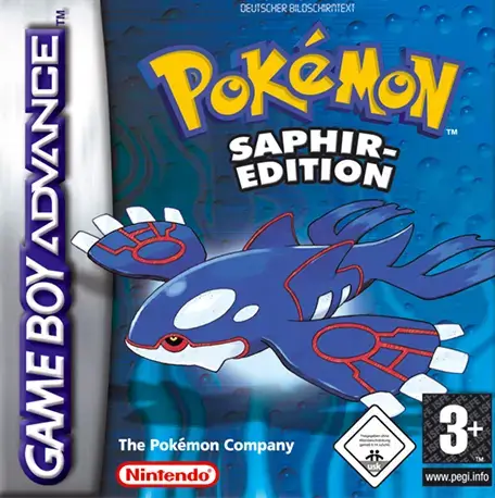 Game Boy Advance Spielhülle: Pokémon Saphir Edition mit Kyogre auf blauem Hintergrund.