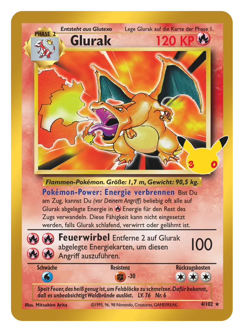 Pokémon-Karte Glurak, Phase 2, 120 KP, Feuer, 4/102. Glurak speit einen Feuerstrahl.
