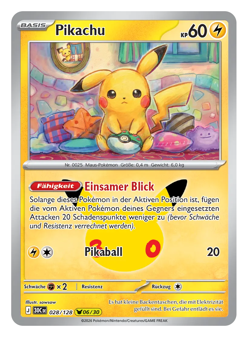 Pokémon-Karte Pikachu, 60 KP, Elektro, 028/128. Pikachu sitzt auf bunten Kissen und hält einen Pokéball.