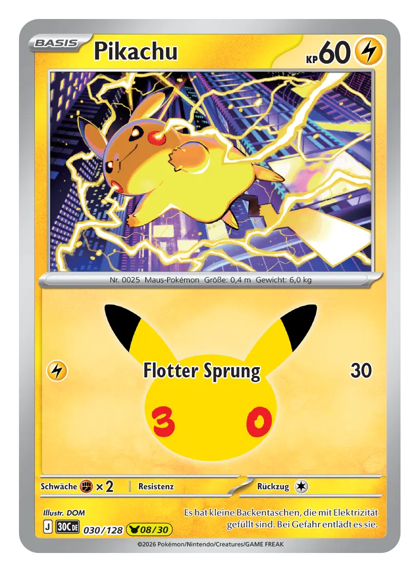 Pokémon-Karte Pikachu, 60 KP, Elektro, 030/128. Pikachu springt unter Blitzen über eine nächtliche Stadt.