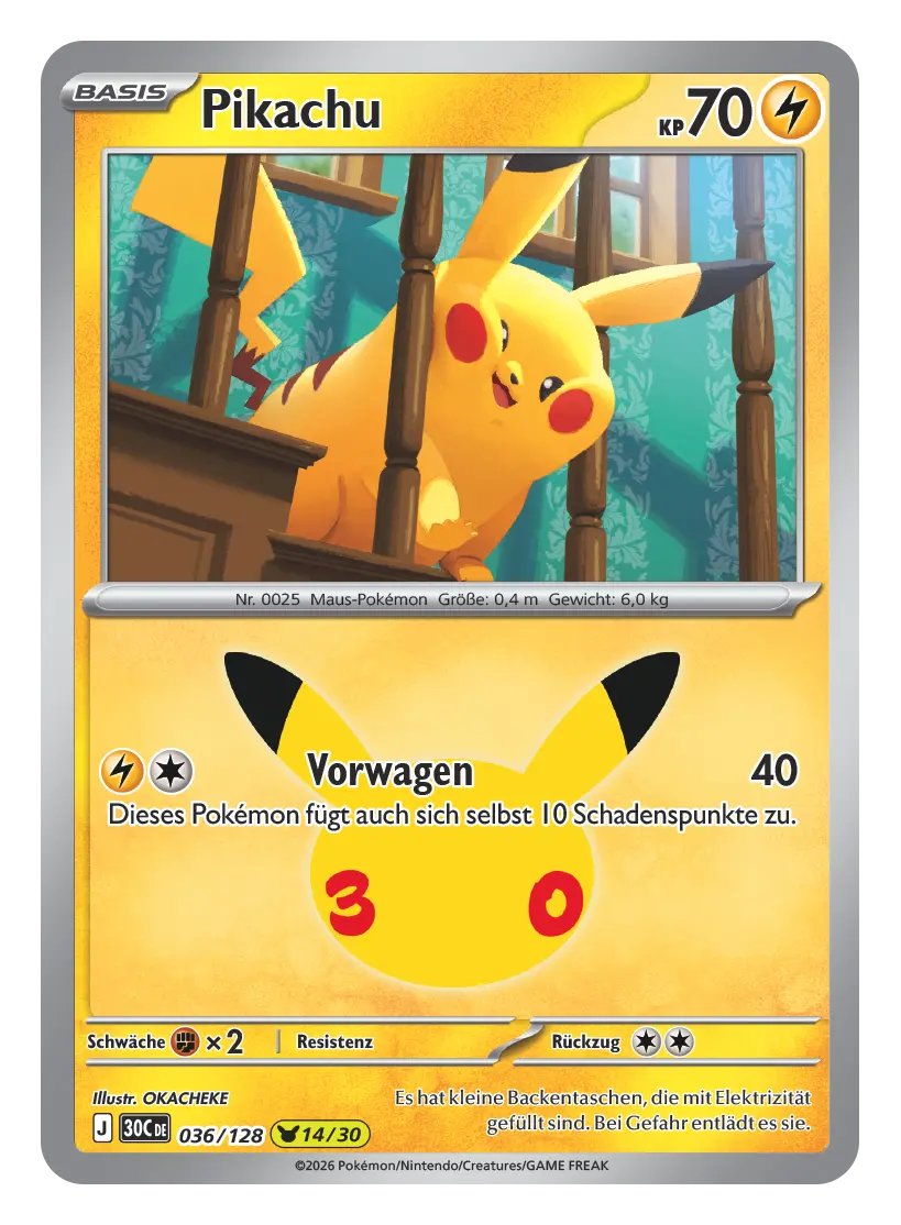 Pokémon-Karte Pikachu, 70 KP, Elektro, 036/128. Pikachu schaut neugierig durch ein Treppengeländer.