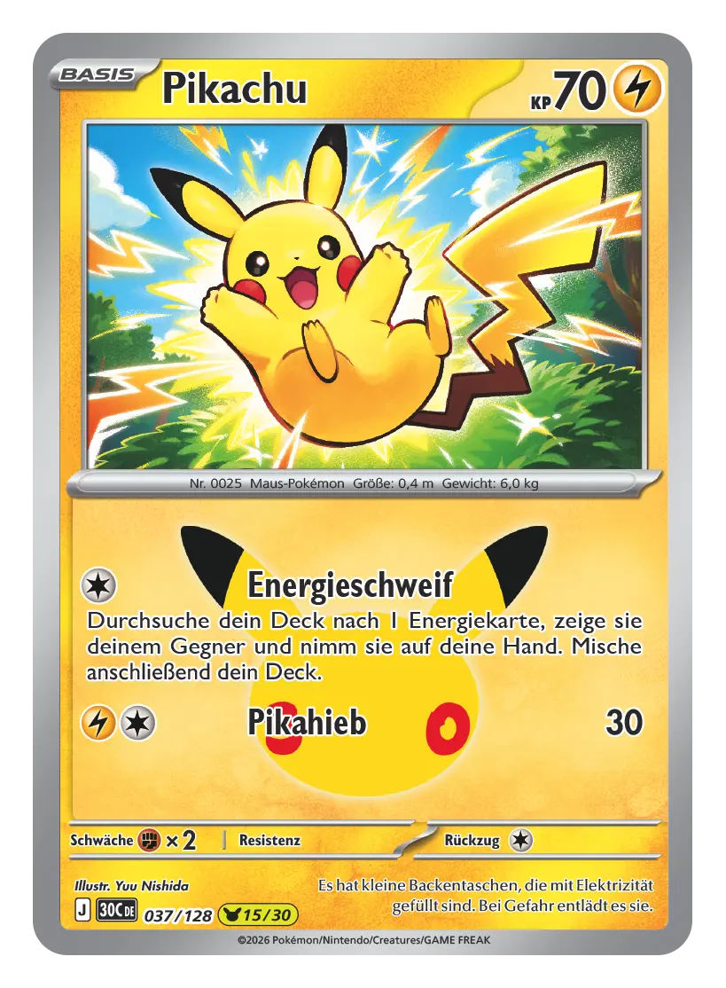 Pokémon-Karte Pikachu, 70 KP, Elektro, 037/128. Pikachu springt fröhlich vor Blitzen über eine Wiese.
