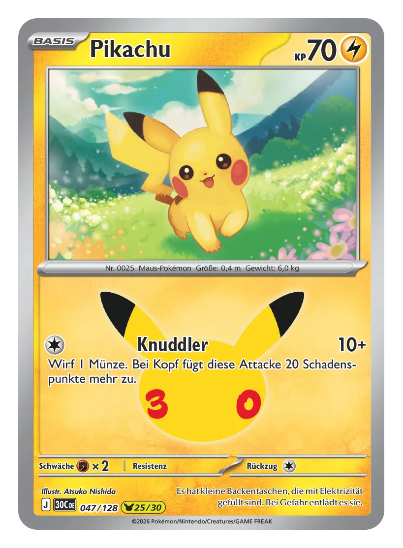 Pokémon-Karte Pikachu, 70 KP, Elektro, 047/128. Pikachu läuft lächelnd über eine Blumenwiese vor Bergen.