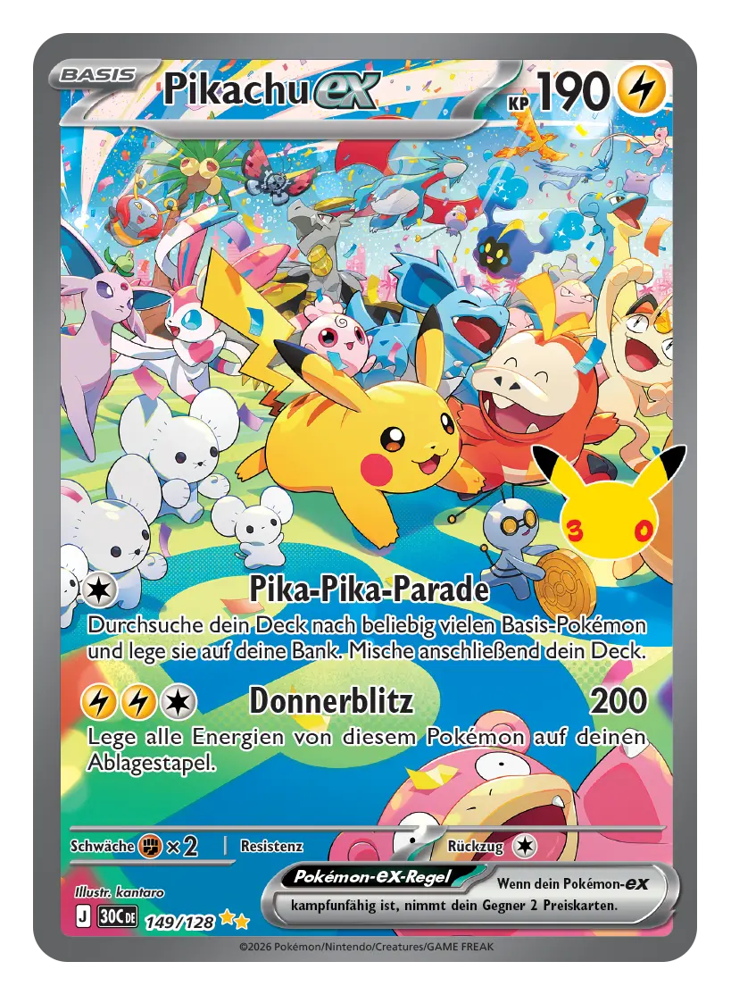 Pokémon-Karte Pikachu-ex, 190 KP, Elektro, 149/128. Pikachu führt eine bunte Parade vieler Pokémon an.