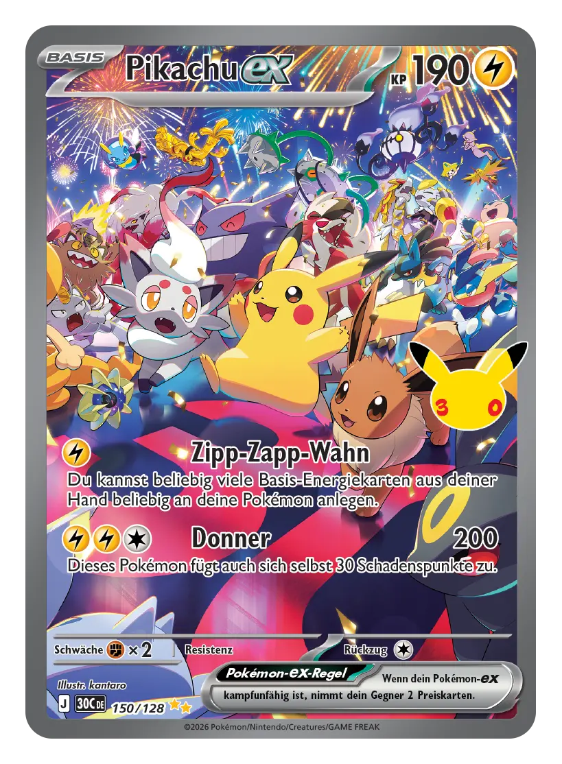 Pokémon-Karte Pikachu-ex, 190 KP, Elektro, 150/128. Pikachu feiert mit Evoli und vielen Pokémon unter Feuerwerk.