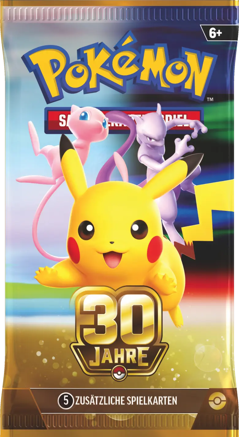 Boosterpack „30 Jahre“ mit Pikachu, Mew und Mewtu auf der Vorderseite.
