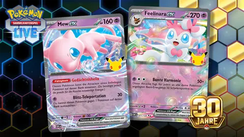 Pokémon-Sammelkartenspiel-Live-Banner „30 Jahre“ mit den Karten Mew-ex und Feelinara-ex.