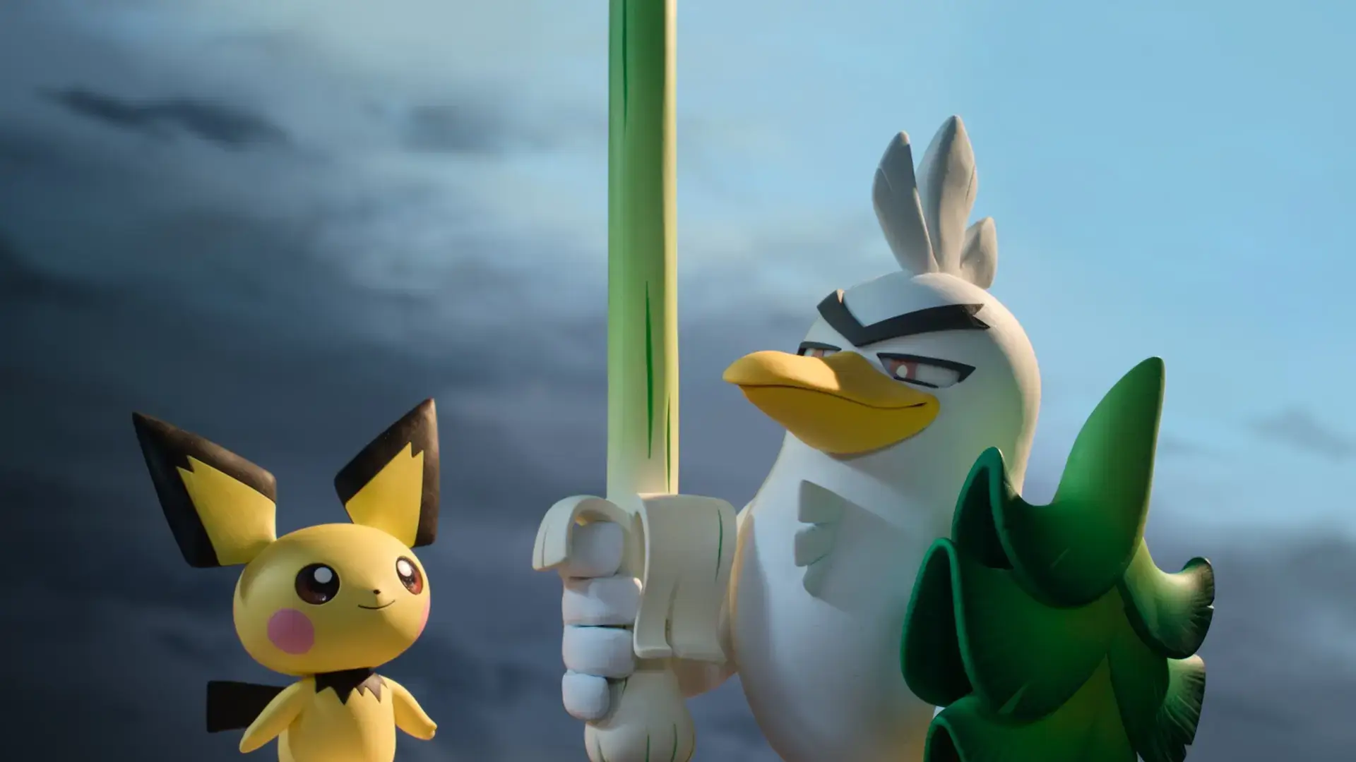 Pichu steht vor wolkigem Himmel neben Lauchzelot, der ernst seinen Lauch wie ein Schwert hochhält.