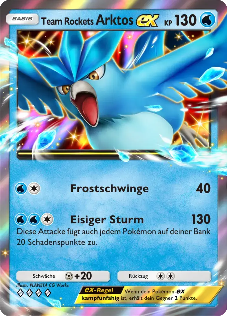 Pokémon-Karte Team Rockets Arktos-ex, 130 KP, Wasser. Arktos breitet zwischen Eiskristallen die Flügel aus.