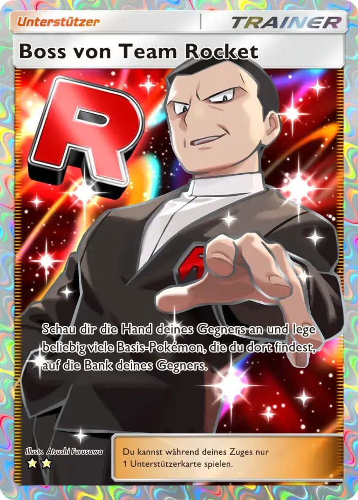 Unterstützerkarte Boss von Team Rocket. Giovanni im dunklen Anzug streckt vor einem roten „R“ die Hand aus.