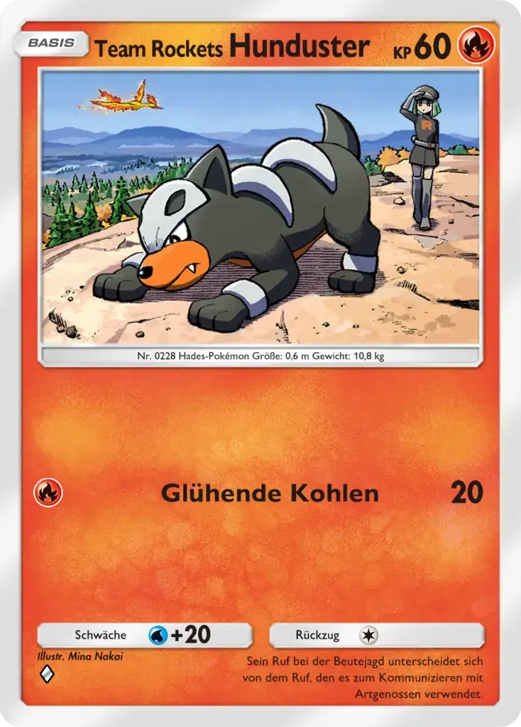 Pokémon-Karte Team Rockets Hunduster, 60 KP, Feuer. Hunduster schnüffelt auf einem Felsen, dahinter eine Rocket-Rüpelin.