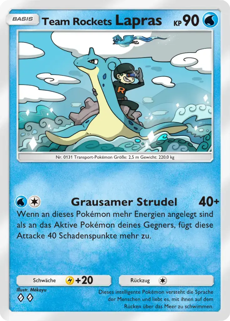 Pokémon-Karte Team Rockets Lapras, 90 KP, Wasser. Ein Rocket-Rüpel reitet mit Fernglas auf Lapras übers Meer.