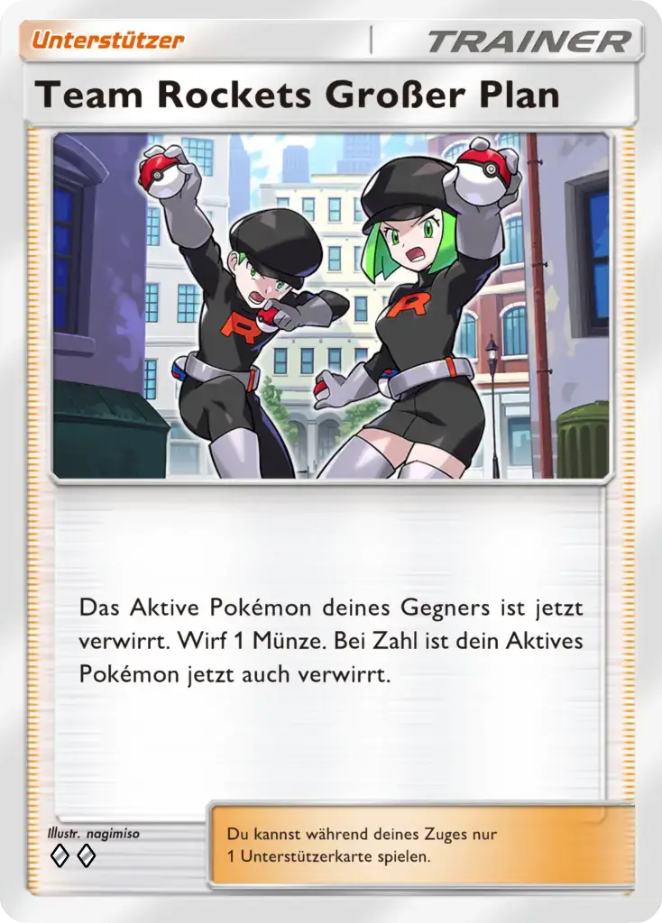 Unterstützerkarte Team Rockets Großer Plan. Zwei Rocket-Rüpel halten in einer Stadtgasse Pokébälle bereit.