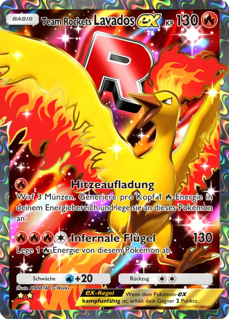 Pokémon-Karte Team Rockets Lavados-ex, 130 KP, Feuer. Lavados breitet vor einem roten „R“ brennende Flügel aus.