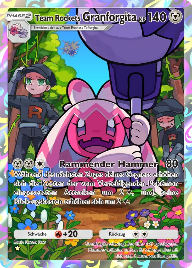 Pokémon-Karte Team Rockets Granforgita, Phase 2, 140 KP, Metall. Granforgita schwingt im Wald einen riesigen Hammer.