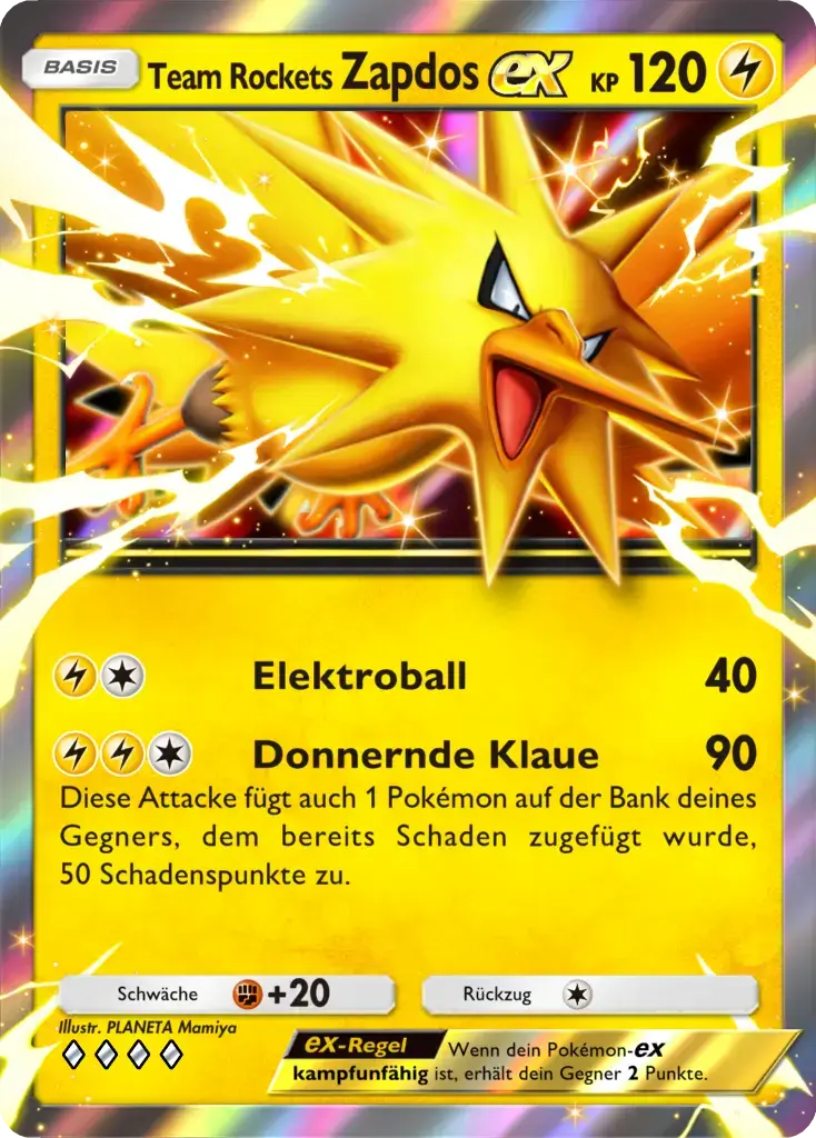 Pokémon-Karte Team Rockets Zapdos-ex, 120 KP, Elektro. Zapdos fliegt zwischen grellen Blitzen.